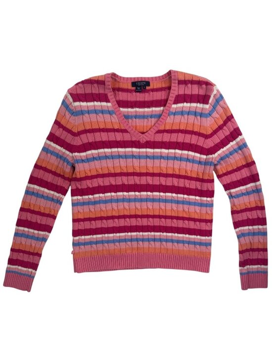 Chaps Sweaters - Chaps Women’s L V-Neck Cable Knit Sweater Striped Cotton Multicolor
